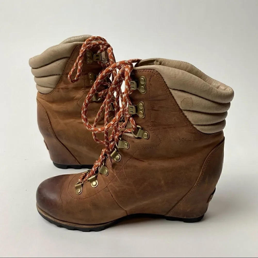 Sorel Conquest Wedge Ankle Boots Elk Camel Leather Lace Up 9.5 PDX